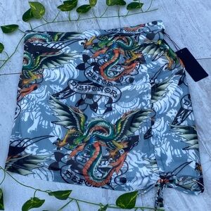 Ed Hardy Animal Pattern Mesh Tie Y2K Mini Skirt Japanese Asian 90s Trashy Dragon